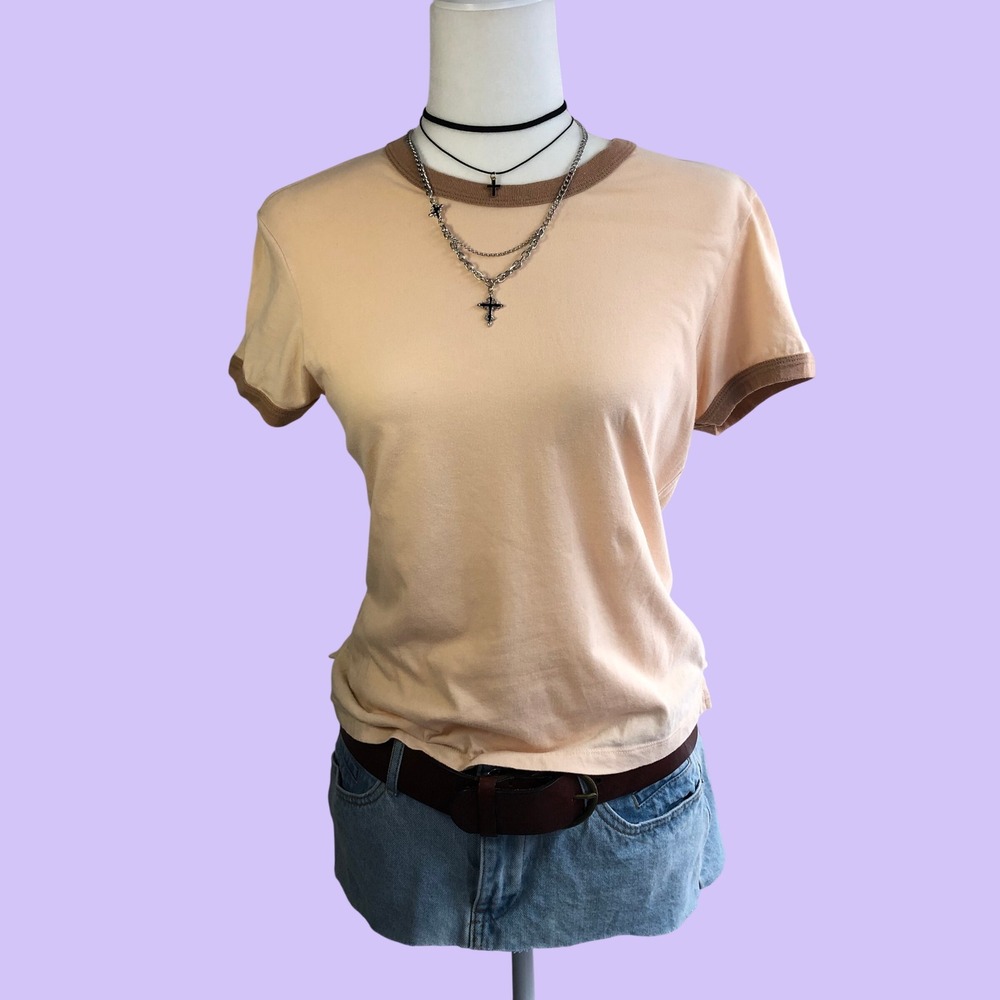 Vintage Y2K Kavio Ringer T Shirt Peach Tan Brown Contrast Trim Womens Large L